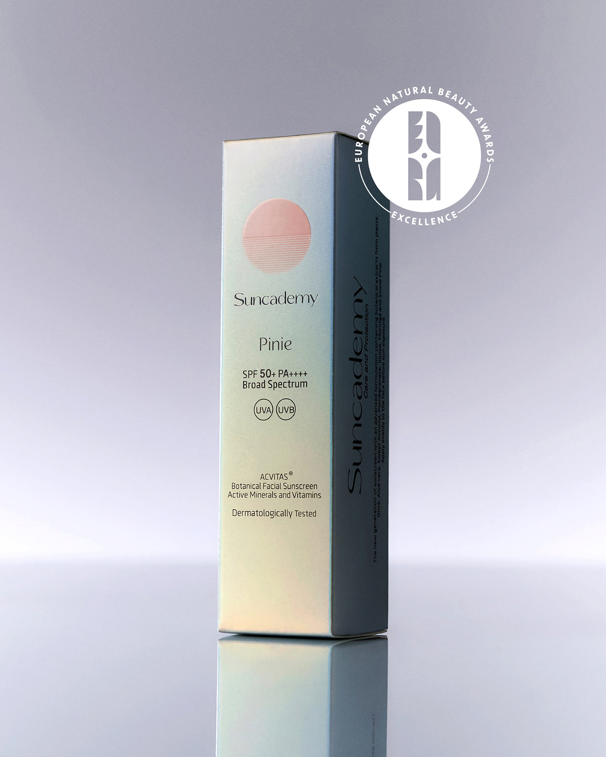 Suncademy Pinie SPF 50+ Facial Sunscreen The European Natural Beauty Award Excellence award winning products Swiss brand Suncademy